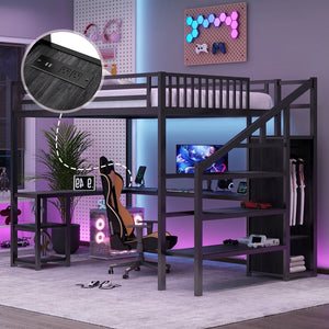 English Elm Metal Queen Loft Bed with Wardrobe, LED Light, L-Shaped Desk and USB Ports for Space-Saving Rooms Black 65.75 L x 17.52 W x 6.3 H W2593S00043
