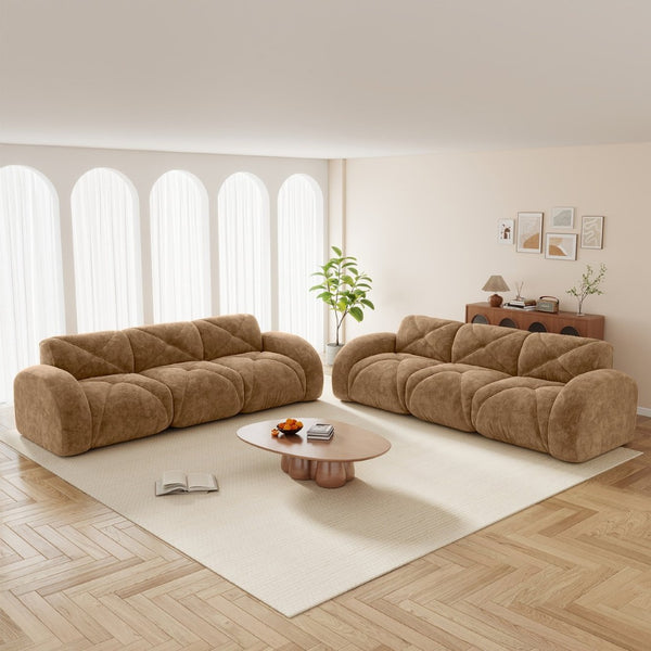 English Elm 2 Piece Velvet Sofa Set Tufted 6 Seat Modular Living Room Seating with Deep Cushions Camel W714S01846