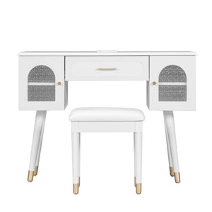 English Elm Elegant Vanity Makeup Table with Charging Station & Carved Glass Door, Sturdy Stool Included White N844P285188A