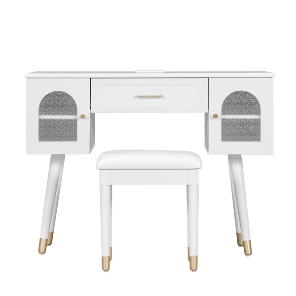 English Elm Elegant Vanity Makeup Table with Charging Station & Carved Glass Door, Sturdy Stool Included White N844P285188A
