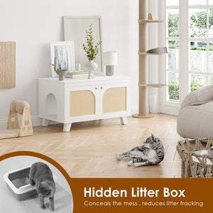 English Elm Flip Top Hidden Cat Litter Box Enclosure with Rattan Doors, Flip-Top Access, Odor Control, Stylish Table Ready White T3623P354972