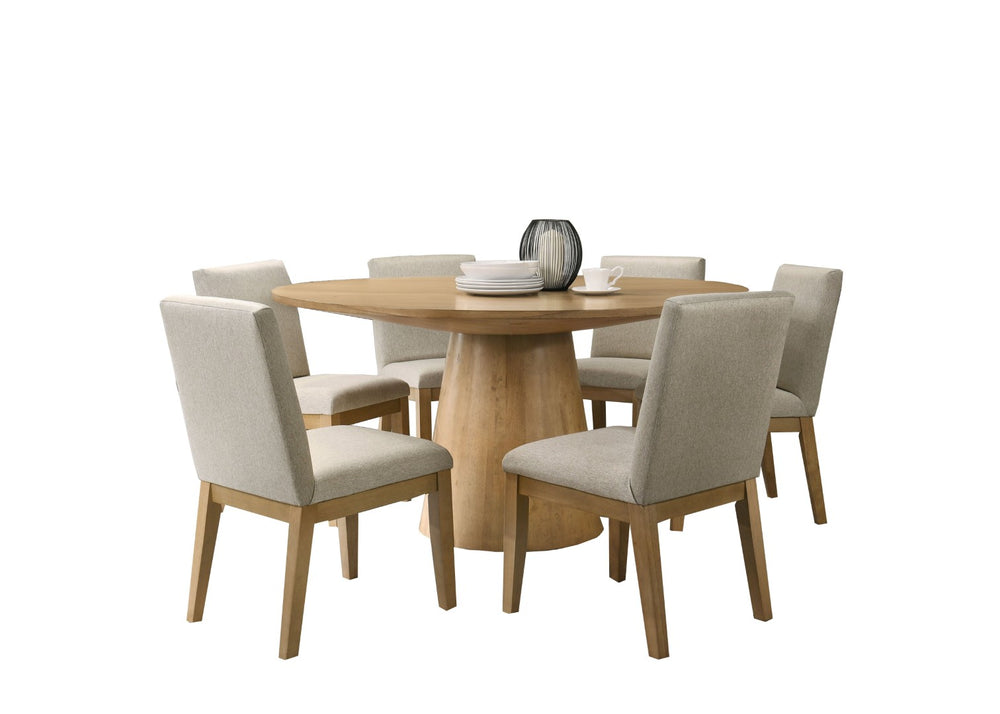 English Elm Jasper Round Pedestal Dining Set Seats Six with Driftwood Finish Beige Fabric Chairs B061S00859