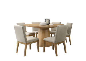 English Elm Jasper Round Pedestal Dining Set Seats Six with Driftwood Finish Beige Fabric Chairs B061S00859
