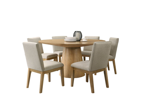 English Elm Jasper Round Pedestal Dining Set Seats Six with Driftwood Finish Beige Fabric Chairs B061S00859
