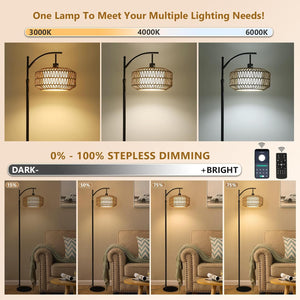 English Elm Arc Floor Lamp - Dimmable Rattan Arc Light With Remote & Led Bulb, Stylish Mid-Century Decor For Any Room W2738P185427