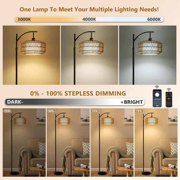 English Elm Arc Floor Lamp - Dimmable Rattan Arc Light With Remote & Led Bulb, Stylish Mid-Century Decor For Any Room W2738P185427