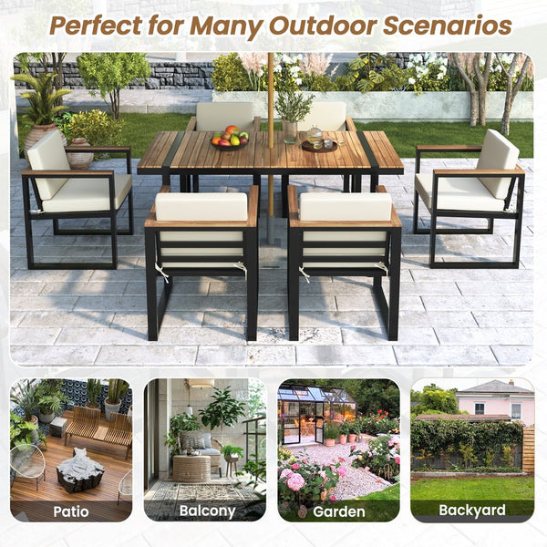 English Elm 7 Piece Outdoor Dining Set with Acacia Wood & Steel Frame, Water-Resistant Cushions, Umbrella Hole Beige N719Z000140A