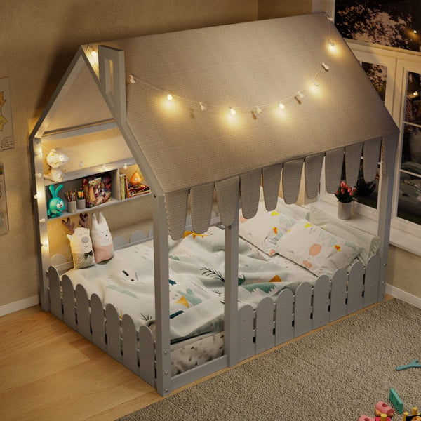 English Elm {slats Are Not Included} Twin Montessori House Floor Bed Kids Tent Lights Shelves Pinewood Frame Gray N708P407963E
