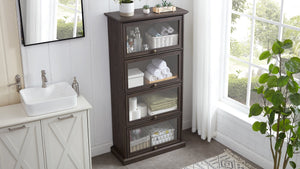 English Elm Glass 4-Tier Display Cabinet with Tempered Glass Doors, Flip-Up Access, Aluminum Frame, Elegant Chic Storage for Collectibles and Books Brown W2275P206601
