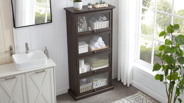 English Elm Glass 4-Tier Display Cabinet with Tempered Glass Doors, Flip-Up Access, Aluminum Frame, Elegant Chic Storage for Collectibles and Books Brown W2275P206601