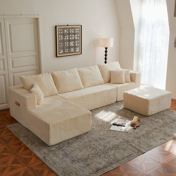 English Elm 133.86" Modular Cloud Sectional Corded Fabric U Shaped Sofa with Ottoman No Assembly W668S00010