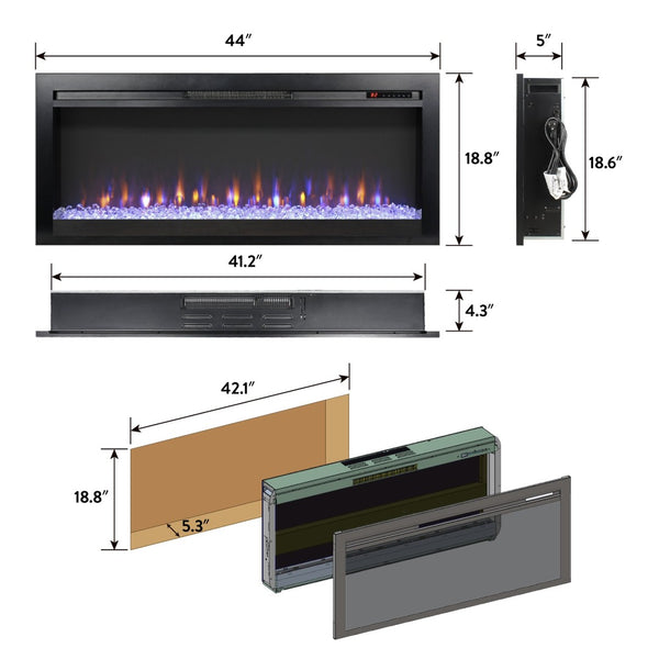English Elm 44 Inch Recessed Electric Fireplace with Led Flame Heater and Remote for Living Rooms W1769P171421