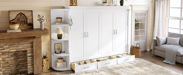 English Elm Queen Murphy Wall Bed with Side Cabinets Open Shelving and Drawers for Studio Rooms White W1580S00452