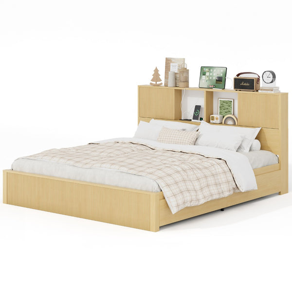 English Elm Queen Storage Bed Oak Finish Sliding Barn Door Headboard with Built-in Charging T3773P417198