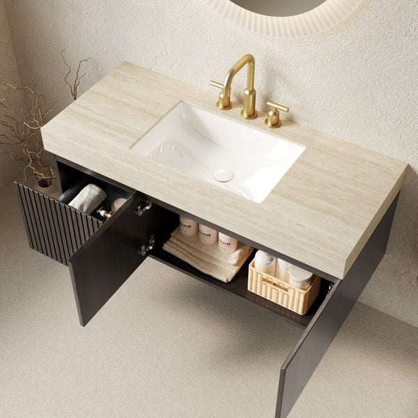 English Elm Muri Floating Bathroom Vanity with Travertine Stone Top and Plywood Storage Cabinet W2615S00615