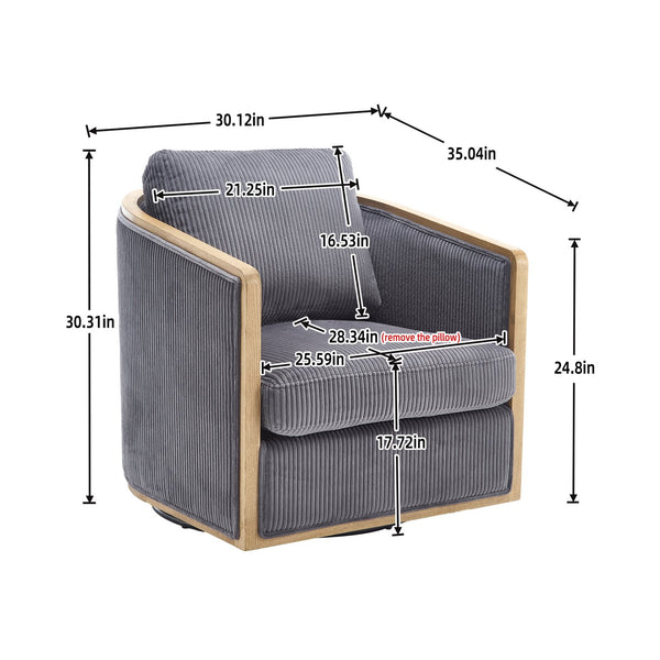 English Elm Corduroy Swivel Barrel Chair with Sturdy Wood Frame & Metal 360° Base, Plush Corduroy Comfort Pop Dark Gray W395P220272