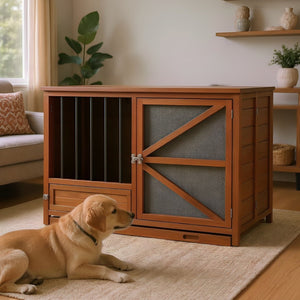 English Elm 43" Solid Pine Dog Crate End Table with Walnut Finish and Rotating Feeder Bowl N843P322022W
