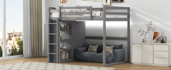 English Elm Wood Full Size Loft Bed with Built-in Wardrobe, 4-Tier Storage Shelves, LED Light, Pine MDF Durable Gray GX000463AAE