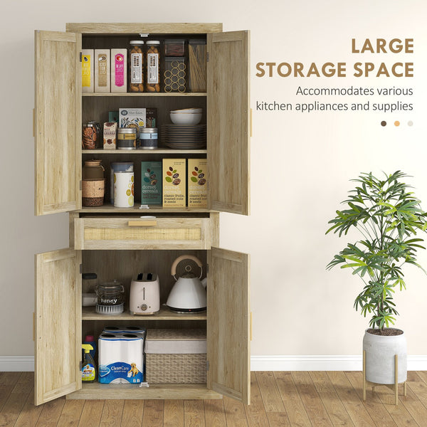 English Elm Homcom 72" Tall Boho Pantry Cabinet With Rattan Panels, 5-Tier Storage, Adjustable Shelves, Oak Finish W2225P229259