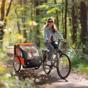English Elm Aosom Two Seat Kids Bike Trailer Steel Frame with Safety Harness and Mesh Windows W2225P229089