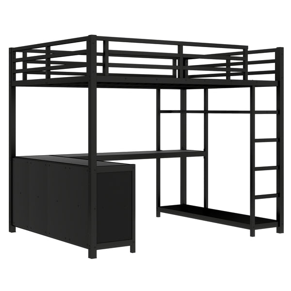 English Elm Metal Loft Bed With Integrated Desk, Storage Shelves & Wardrobe – Space-Saving Solution For All Ages W1580S00117