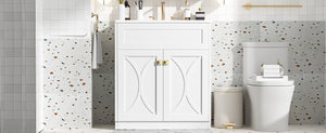 English Elm 30'' Bathroom Vanity With Ceramic Sink Combo - Modern Freestanding Cabinet, Gold Handles & Soft-Close Doors N710P194898K