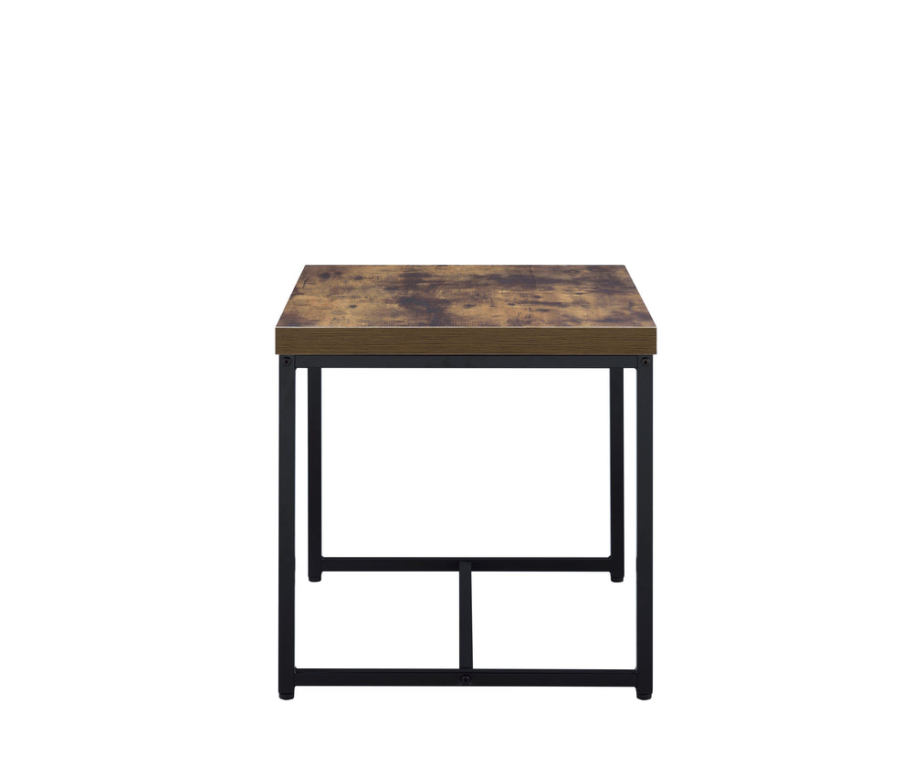 English Elm Bob Weathered Oak End Table with Black Metal Sled Base, 22"x19" Composite Wood Top, Industrial Chic B2726P244961