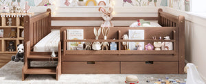 English Elm Queen Bunk Bed with Trundle Solid Pine Kids Car Themed Frame Built-in Bookshelf Natural W1580S00543