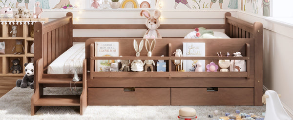 English Elm Queen Bunk Bed with Trundle Solid Pine Kids Car Themed Frame Built-in Bookshelf Natural W1580S00543