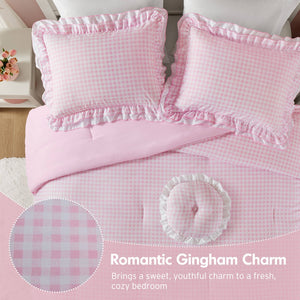 English Elm 4-piece Gingham Ruffle Comforter Set Romantic Cottage Bedroom Brushed Polyester Fill Pink B035P463188