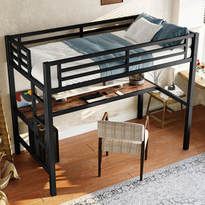 English Elm Metal Twin Loft Bed With Integrated Desk, Power Outlet, Led Lights - Space-Saving Design In Black W1580P372863