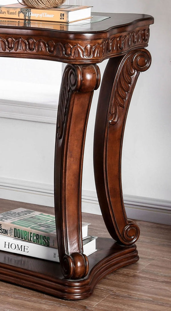 English Elm Sofa Dark Oak Finish Carved Cabriole Legs 48" x 20" Tempered Glass Top with Lower Display Shelf B2741P357401