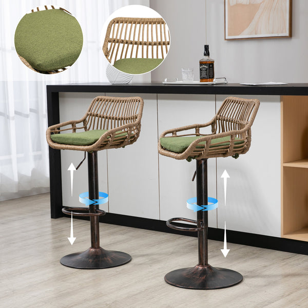 English Elm Modern Swivel Bar Stools Set of 2 Adjustable Counter Height Chairs with Linen Seat, Retro Rattan Back, 360° Rotation and Footrest, Vintage Gold Base, Durable Indoor/Outdoor Seating (Seat Height 25.6–33.9") Green W39594822