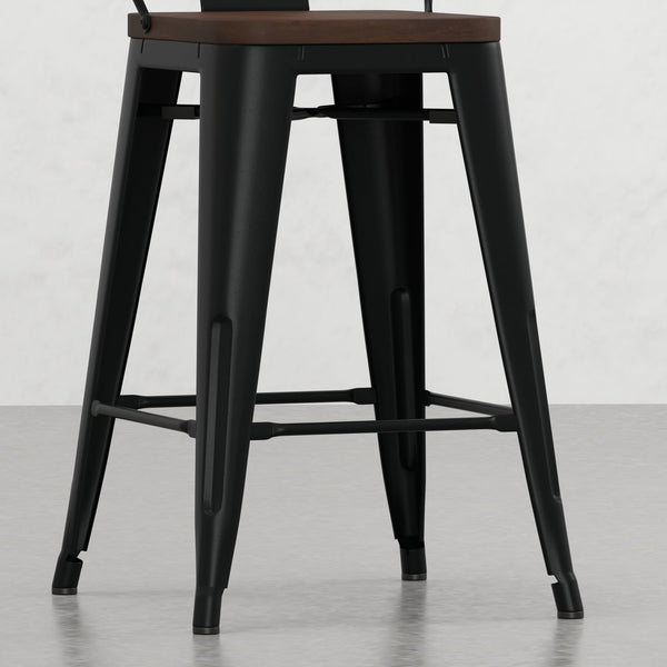 English Elm Keeley 24in Metal and Solid Elm Wood Counter Stools Set of 4 — Curved Backs, Footrests, Durable Finish Black B2732P253606