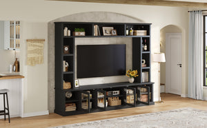 English Elm Entertainment Wall Unit with Glass Doors Open Shelving Mdf Living Room Storage Black N710S688100B