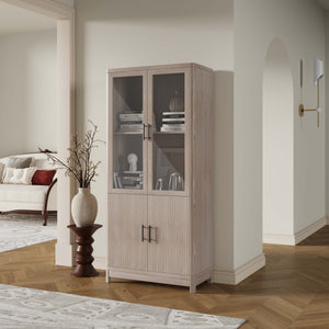 English Elm Jodie Elegant 31" Bookcase Cabinet with 6 Adjustable Shelves, Glass Display Doors & Metal Handles Oak B365P397896