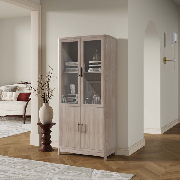 English Elm Jodie Elegant 31" Bookcase Cabinet with 6 Adjustable Shelves, Glass Display Doors & Metal Handles Oak B365P397896