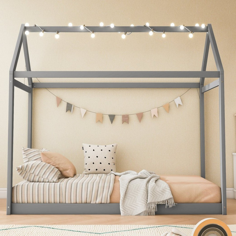 English Elm Twin House Bed Pine Wood Frame with Peaked Roofline Low Profile Kids Bedroom WF197557AAE