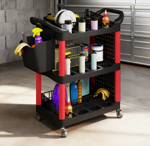 English Elm Capacity 3-tier Rolling Plastic Workshop Cart with Hooks Bucket and Locking Wheels T3971P412601