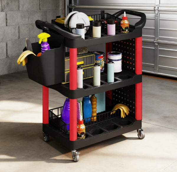 English Elm Capacity 3-tier Rolling Plastic Workshop Cart with Hooks Bucket and Locking Wheels T3971P412601