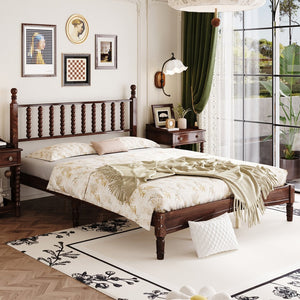 English Elm Queen Wood Platform Bed with Gourd-Shaped Headboard, Retro-Inspired Solid Frame, Slat Support, Sturdy Elegance Walnut 64.8 L x 17.5 W x 9.5 H N733P206242D