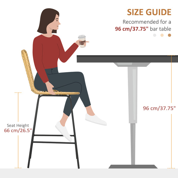 English Elm HOMCOM Boho Rattan Counter Stools Set of 2 26" Height Breathable Wicker Seats Steel Frame, Yellow W2225P200469