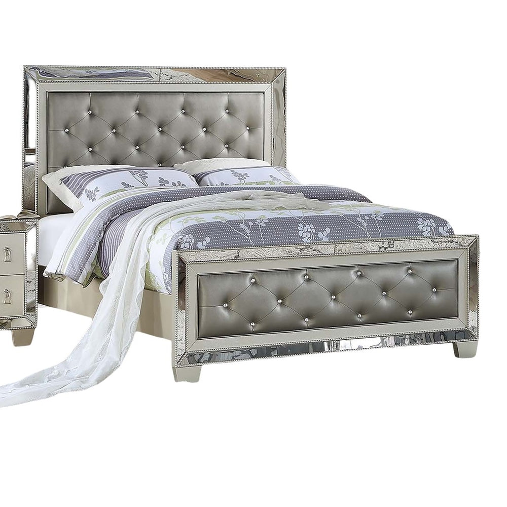 English Elm Glamorous Upholstered Tufted Queen Bed with Mirrored Trim and Luxurious Button Detail for Glam Bedrooms Grey,Silver 87 L x 10 W x 5 H B011S01991