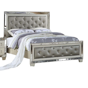 English Elm Glamorous Upholstered Tufted Queen Bed with Mirrored Trim and Luxurious Button Detail for Glam Bedrooms Grey,Silver 87 L x 10 W x 5 H B011S01991