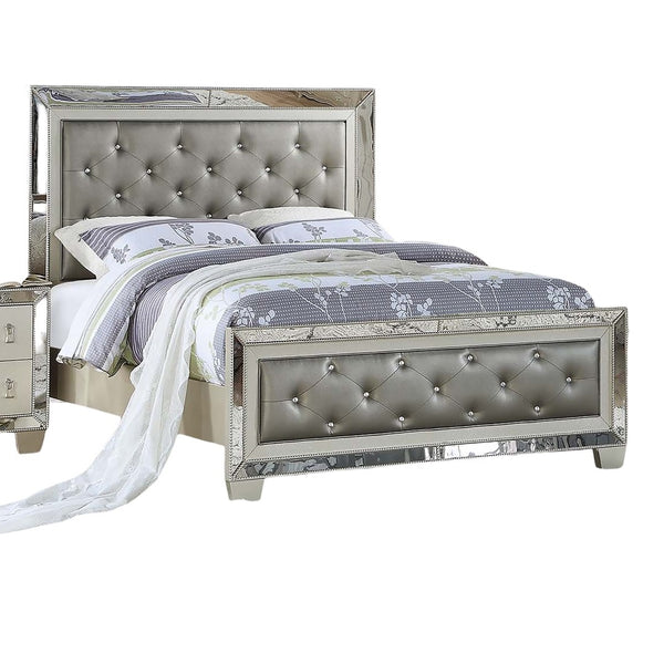 English Elm Glamorous Upholstered Tufted Queen Bed with Mirrored Trim and Luxurious Button Detail for Glam Bedrooms Grey,Silver 87 L x 10 W x 5 H B011S01991