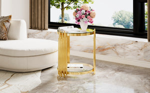 English Elm Modern Round Mirrored Glass End Table with Gold Metal Frame and Lower Display Shelf Transparent N735P380092K