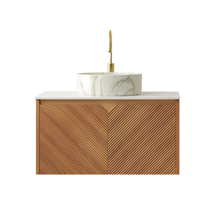 English Elm Muri Floating Bathroom Vanity Plywood Cabinet Sintered Stone Top Oak Drawer W2615S00528