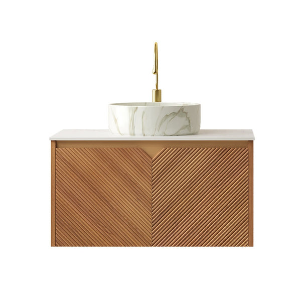 English Elm Muri Floating Bathroom Vanity Plywood Cabinet Sintered Stone Top Oak Drawer W2615S00528
