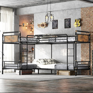 English Elm Quad Bunk Bed Heavy Duty Metal Frame Sleeps Four Kids Convertible Twin Modular W2580S00063