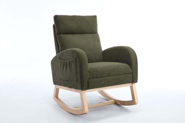 English Elm 015B-Teddy Rocking Chair with Plush Teddy Fabric, Ergonomic High Back, Adjustable Footstool, Pocket Green W527P360695